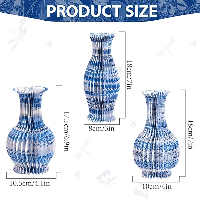 3 Pcs Blue and White Paper Honeycomb Vase, Foldable Decorative Vase with Magnetic Closure, Chinoiserie Décor Vase, Reusable Table Centerpiece for Wedding, Baby Shower, Home Decor
