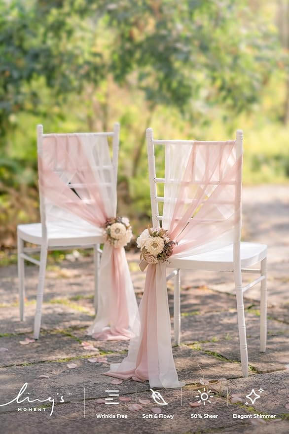 Ling's moment Wedding Chair Sashes Cover Aisle Decorations Draping Fabric Wrinkle-Free with Tie 16 Pcs Blush Pink & White for Party Ceremony Reception Floral Arrangement Banquet Outdoor Decor