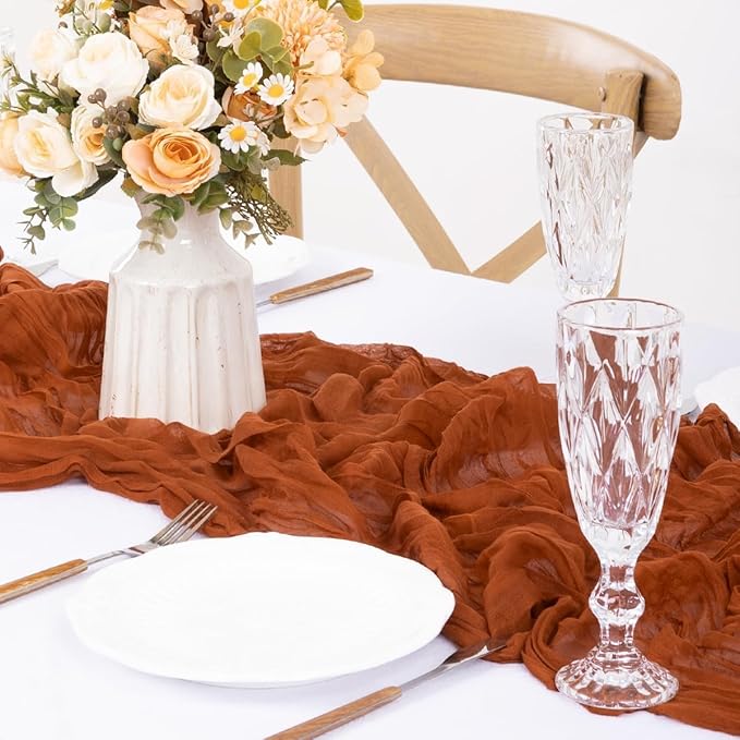MLMW Fall Thanksgiving Table Runner Cheesecloth Autumn Harvest Rust Terracotta Cheese Cloth Boho Gauze 160 inch Table Runner 13.3ft for Wedding Party Baby Bridal Shower Birthday