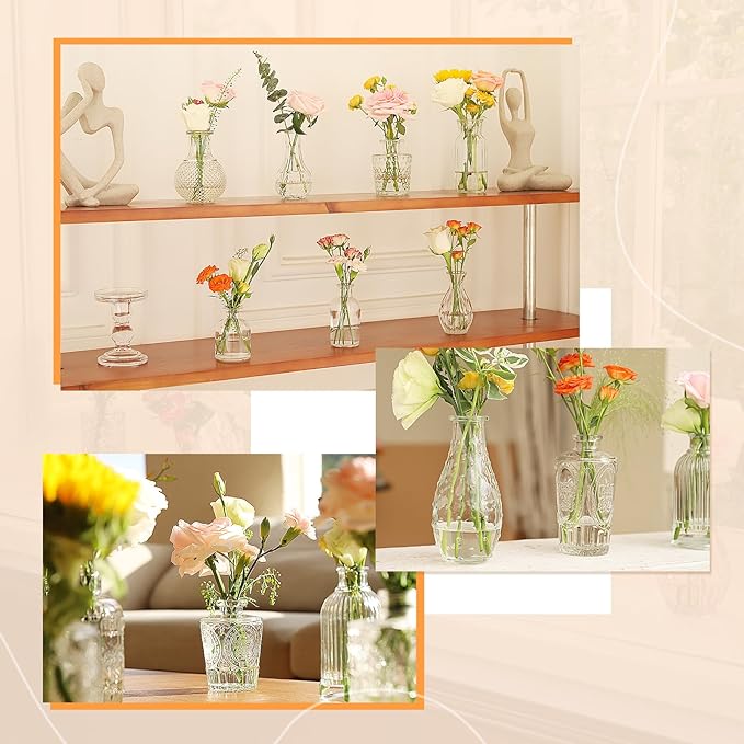 65PCS Glass Bud Vase Set, Different Small Vases for Flowers, Clear Centerpieces, Mini in Bulk Rustic Wedding Decorations, Vintage Look Home Table Flower Decor