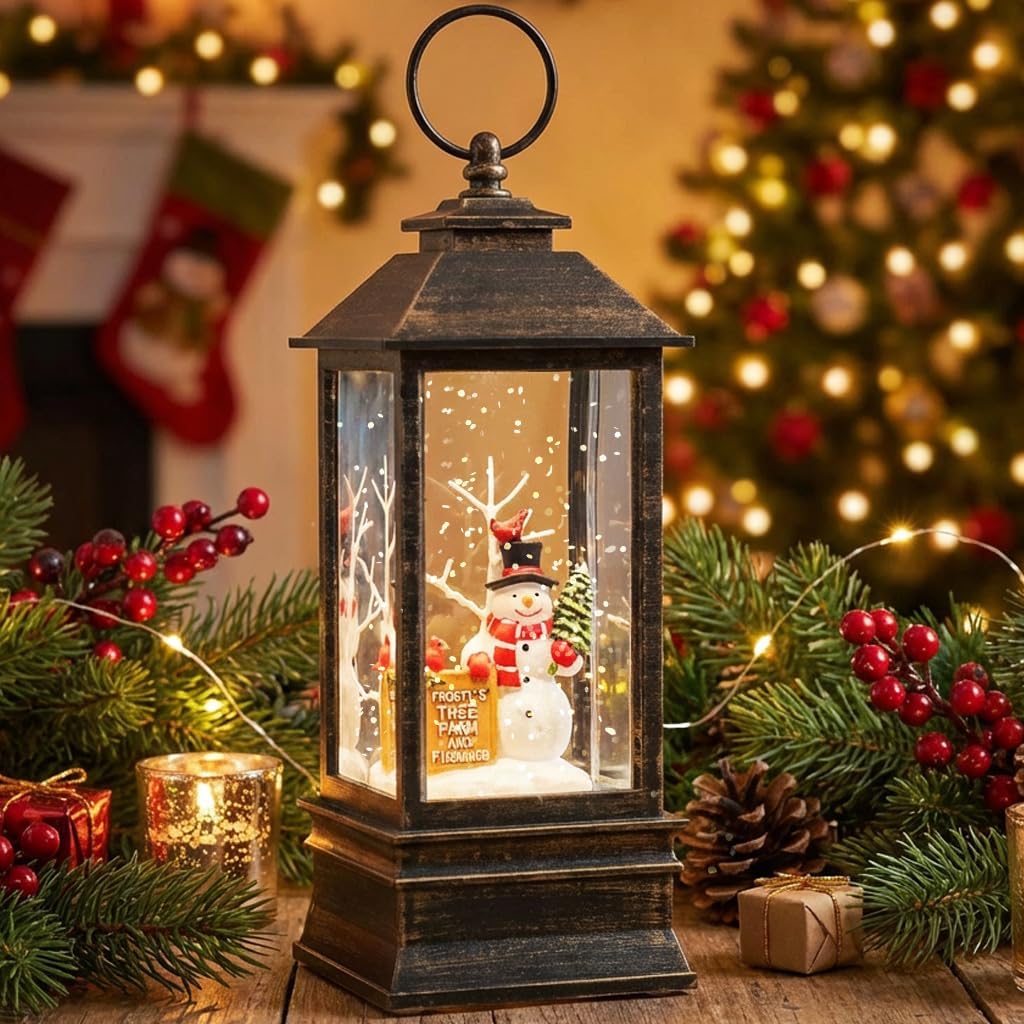 christmas snow globe lantern, snowman & red cardinal shown in use