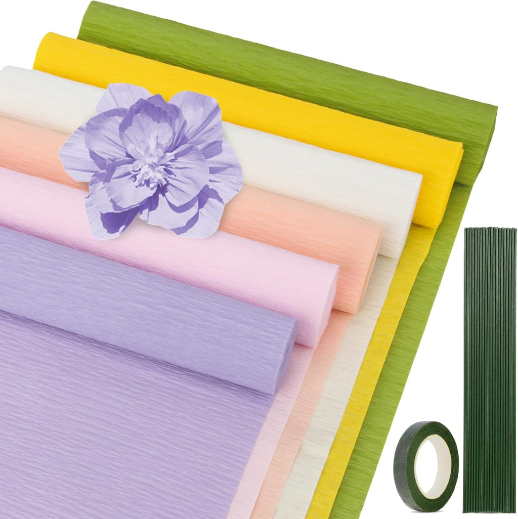 RAINFLOW 27 PCS Crepe Paper Roll Kit - 6 Rolls Crepe Paper Sheets with Floral Tape and 20Pcs Floral Wire, Crepe Paper Streamers for Mother's Day Crepe Paper Flower DIY Crafts Birthday Party Decor