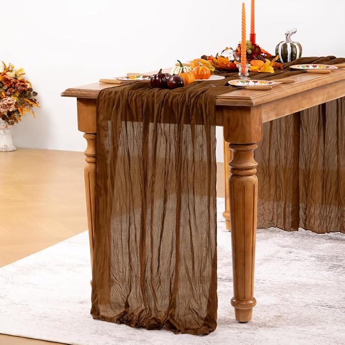 Brown Cheesecloth Table Runner Tan 4 Pack Fall Table Runners Boho Gauze 120 Inches Marron Cheese Cloth Fall Table Decorations for Thanksgiving Wedding Bridal Baby Shower Tea Party Decor