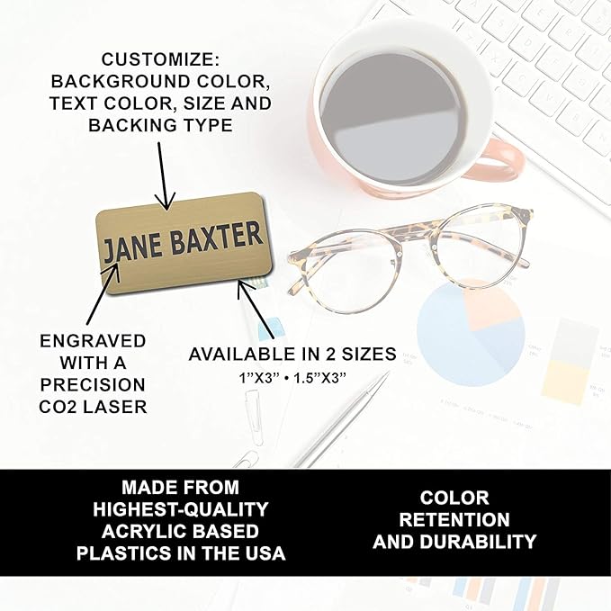 Custom Engraved Name Tag Badges – Personalized Identification with Pin or Magnetic Backing, 1.5 Inches x 3 Inches, Silver/Black