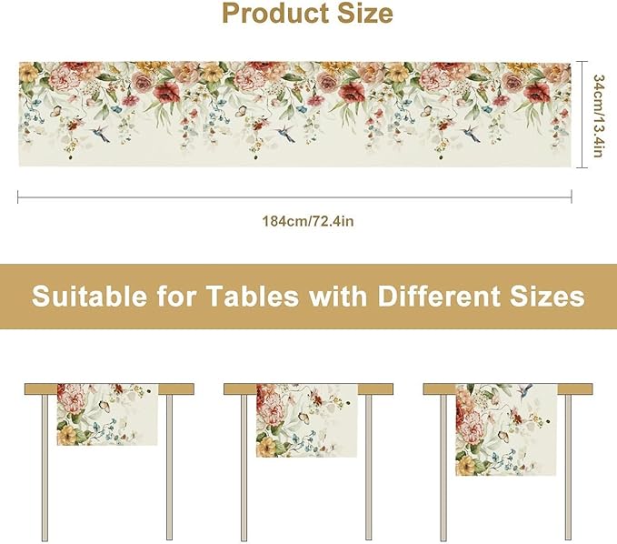 Rustic Floral Table Runner, Watercolor Flower Leaves Hummingbird Butterfly Farmhouse Kitchen Dinning Table Runner for Indoor Outdoor Home Wedding Party Holiday, 13x108 Inch