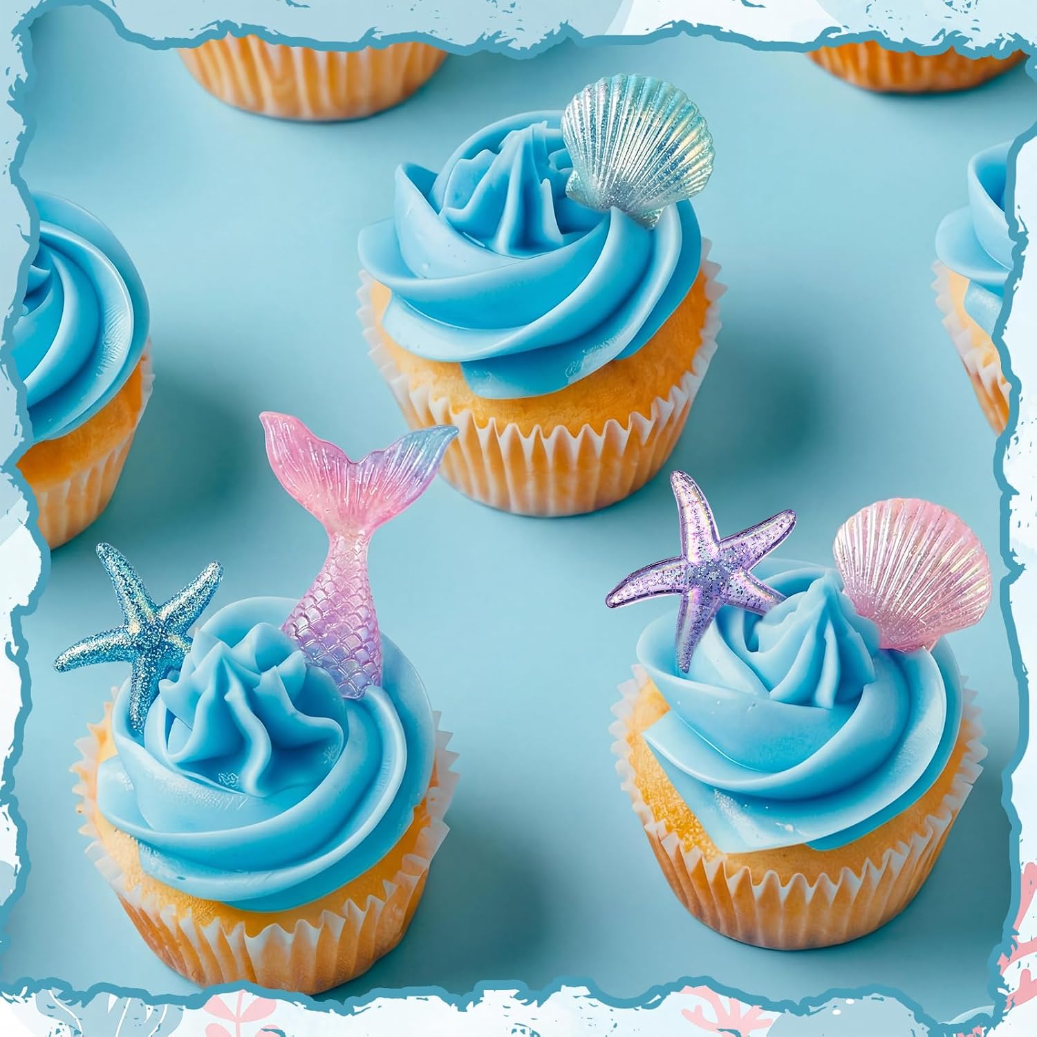 Kenning 48 Pcs Resin Mermaid Theme Cupcake Ring Toppers Seashell Mermaid Tail Starfish Cupcake Topper for Ocean Theme Birthday Party Cake Decorations Baby Shower Weeding Anniversary Sea Party Supplies
