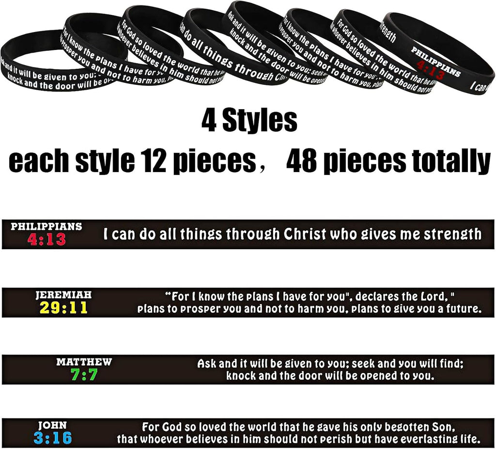 48 Pieces Bible Verse Bracelets Christian Scripture Bracelets Bulk Rubber Religious Silicone Bible Verses Wristbands Faith Hope Belief Inspirational Wristbands