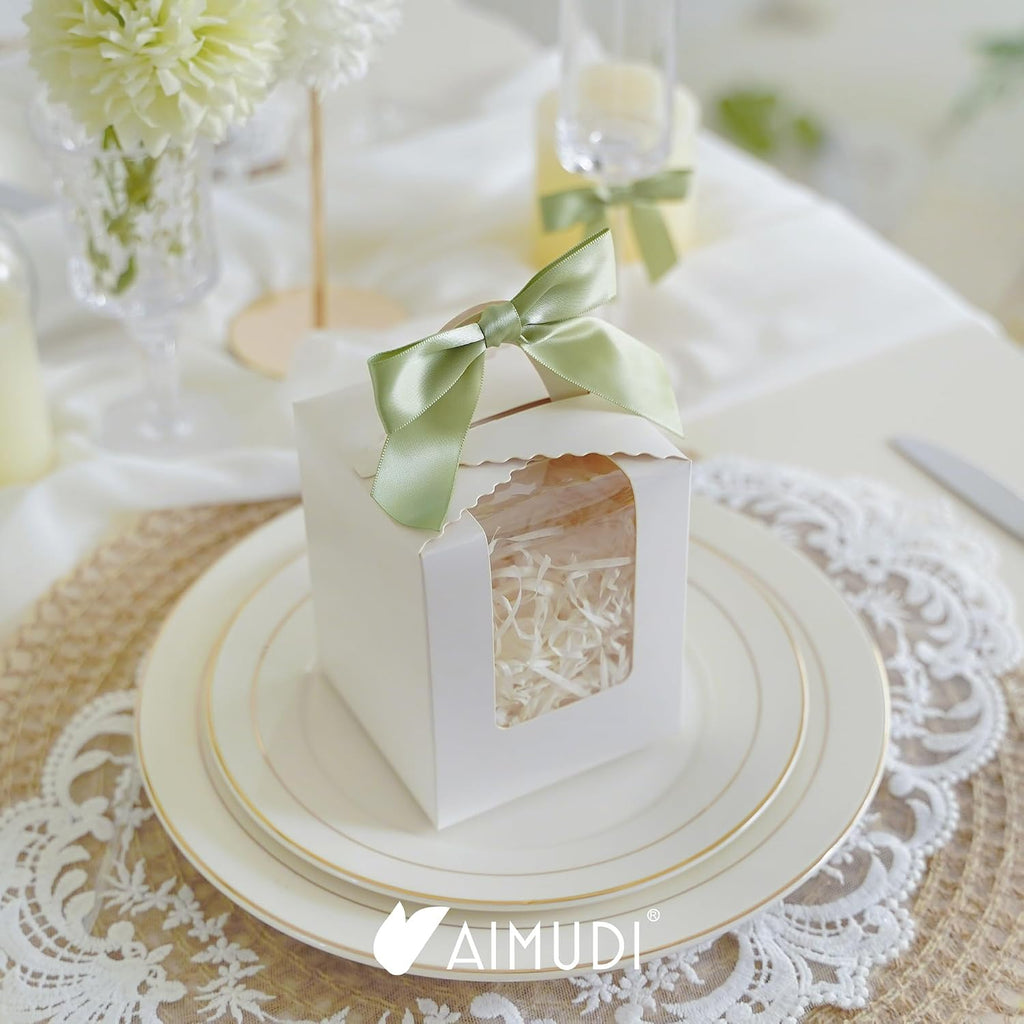 AIMUDI Sage Green Satin Ribbon Twist Tie Bows 3.5" Pretied Bows Premade Bows for Treat Bags Crafts Gift Wrapping Basket Wedding Favors Cookie Candy Bagging Cake Pop Bridal Shower - 50 Counts