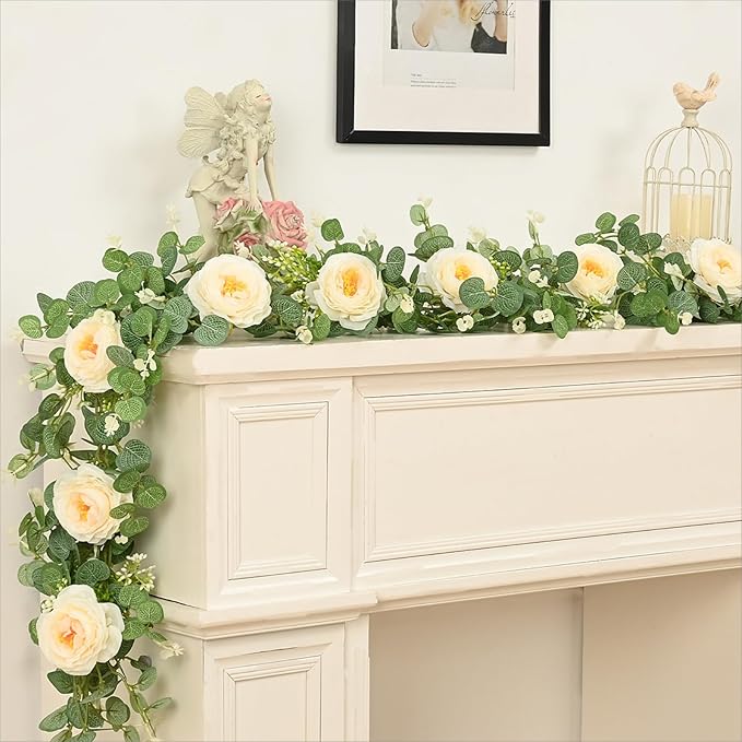 Dolicer 2Pcs 13Ft Artificial Eucalyptus Garlands with Flowers, Faux Floral Greenery Garlands Fake Flowers Vines for Wedding Centerpieces Arch Party Ceremony Backdrop Decor (Champagne)