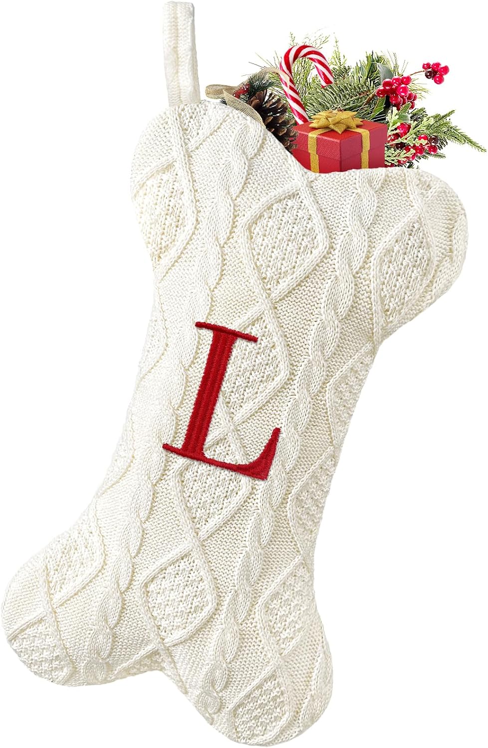 Malier Dog Christmas Stocking with Initials, Letter A Embroidered Knit Christmas Stocking for Dogs, White Large Bone Shape Xmas Pet Stockings Hanging Stocking for Dogs Cats Pets (White, Letter-L)