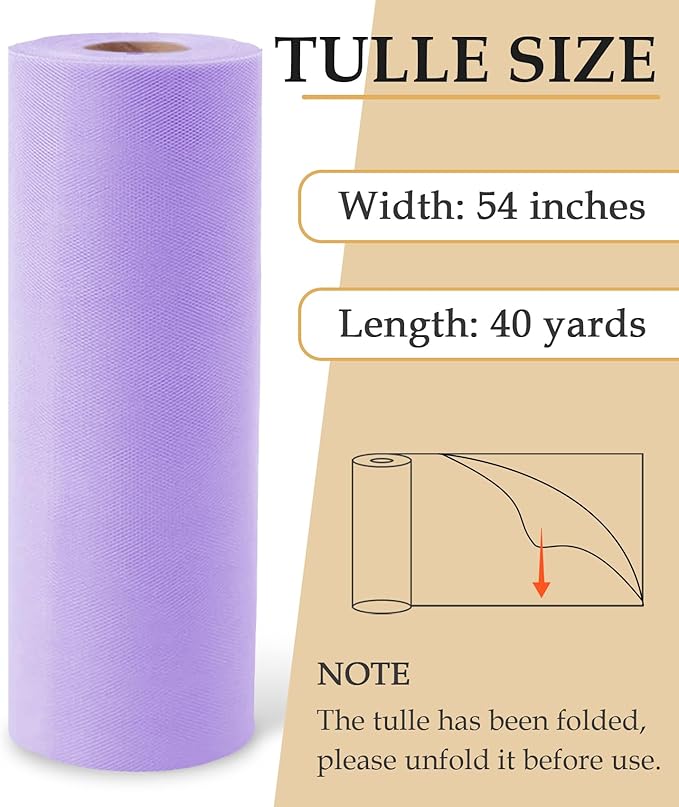 Lavender Tulle Fabric Roll, 54" x 40 Yards (120FT) Tulle for Wedding Decoration DIY Tutu Party Backdrop Baby Shower Table Skirts Gift Wrapping