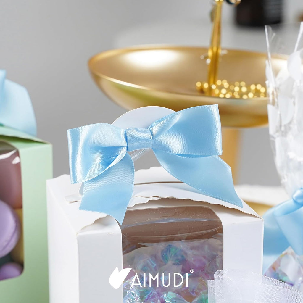 AIMUDI Light Blue Satin Ribbon Twist Tie Bows 2.5" Pretied Blue Bows for Baby Shower Premade Baby Blue Bows for Crafts Treat Bags Cake Pop Gift Wrapping Wedding Party Favors Goodie Bags - 50 Counts