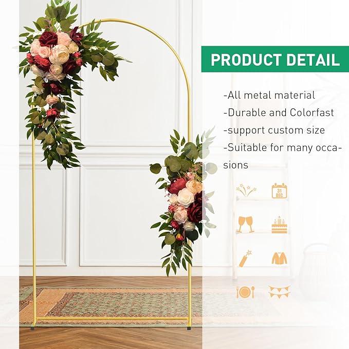 Metal Arch Backdrop Stand and Cover Set, 7.2FT Beige Reusable Spandex Fitted Backdrop Cover and Gold Wedding Arch Frame for Baby Shower, Birthday, Parties Decoration.