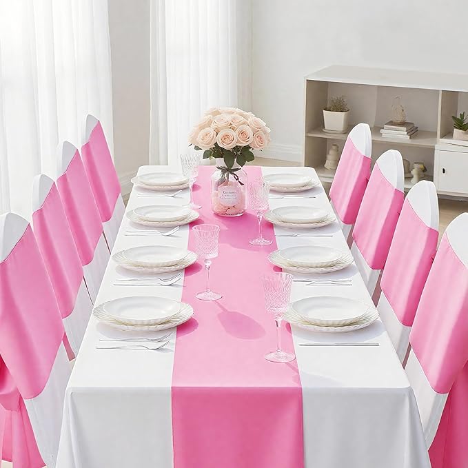 SHEJIZE 10 Pack Pink Satin Table Runner 12x108 Inches Long, Bright Silky Smooth Satin Table Runner Table Decor for Wedding Banquet Christmas Prom Event Birthday Party