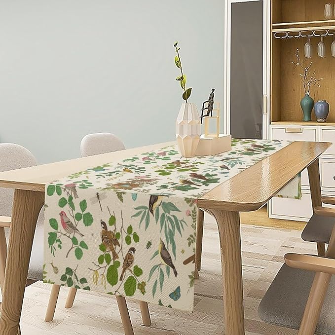 Vintage Bird Flower Table Runner Seasonal Spring Summer Garden Plants Farmhouse Country Kitchen Dining Table Decoration for Home Party Holiday 13"x108"