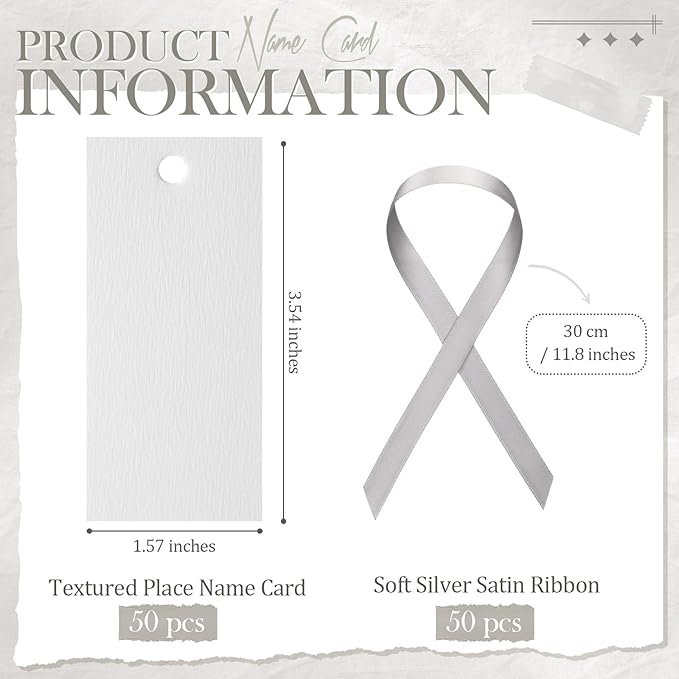 50 Pcs Name Place Cards for Table Setting Blank Wedding Place Cards with Satin Ribbon 1.57 x 3.54 Inch Hanging Gift Tags for Wedding Dinner Banquet Party Table Setting Supplies (Silver)