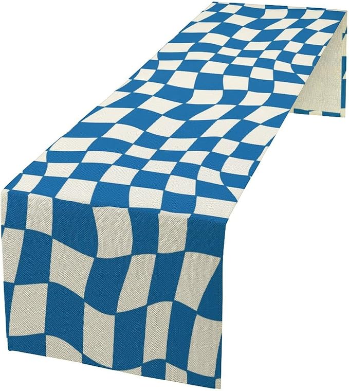 Table Flag Retro Plaid 60s70s Blue Plaid Table Flag Kitchen Restaurant Decoration Suitable for Indoor and Outdoor Festival Home Wedding Party Table Flag 13x70