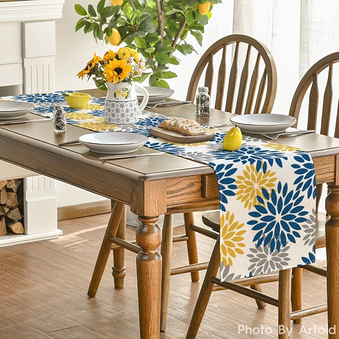 Artoid Mode Blue Dahlia Floral Pinnata Summer Table Runner, Spring Kitchen Dining Table Decoration for Home Party Decor 13x90 Inch