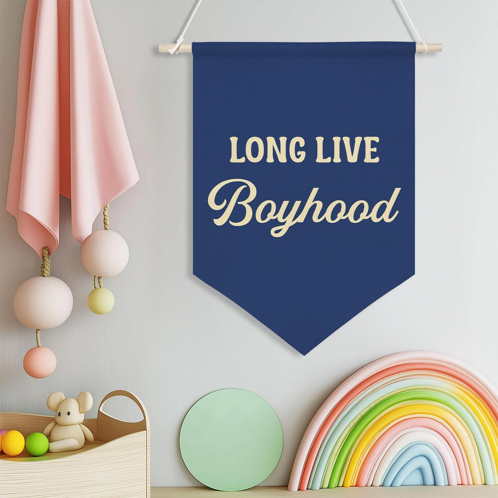 Long Live Boyhood Wall Banner ,Navy Blue Canvas Wall Hanging Poster for Boys Bedroom Nursery Playroom Decoration,Inspirational Flag Sign for Classroom Teen Boy Room Decor 11x16inch(KD30)