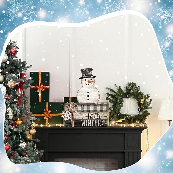 4 Pcs Snowman Christmas Decor Winter Table Decorations Christmas Tiered Tray Decor Winter Centerpiece Indoor Rustic Wooden Snowman Block Sign Gift Farmhouse for Home Kitchen Shelf