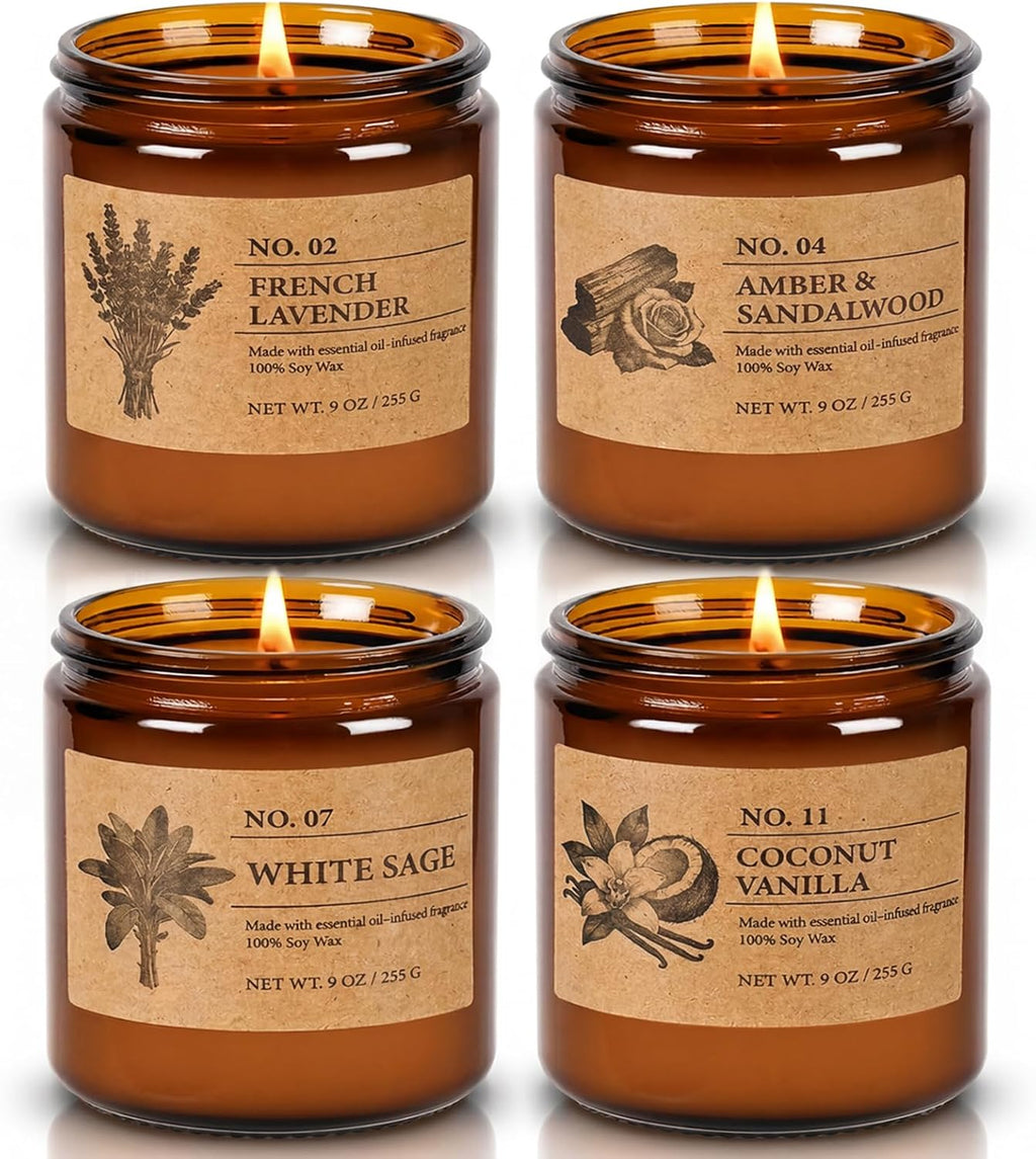 Soy Candles Set of 4, 9oz Natural Soy Wax Aromatherapy Candles, Home Scented Candles with 4 Scents (Lavender, Amber Sandalwood, White Sage, Coconut Vanilla), Gifts for Mom, Women, Relaxation, Yoga