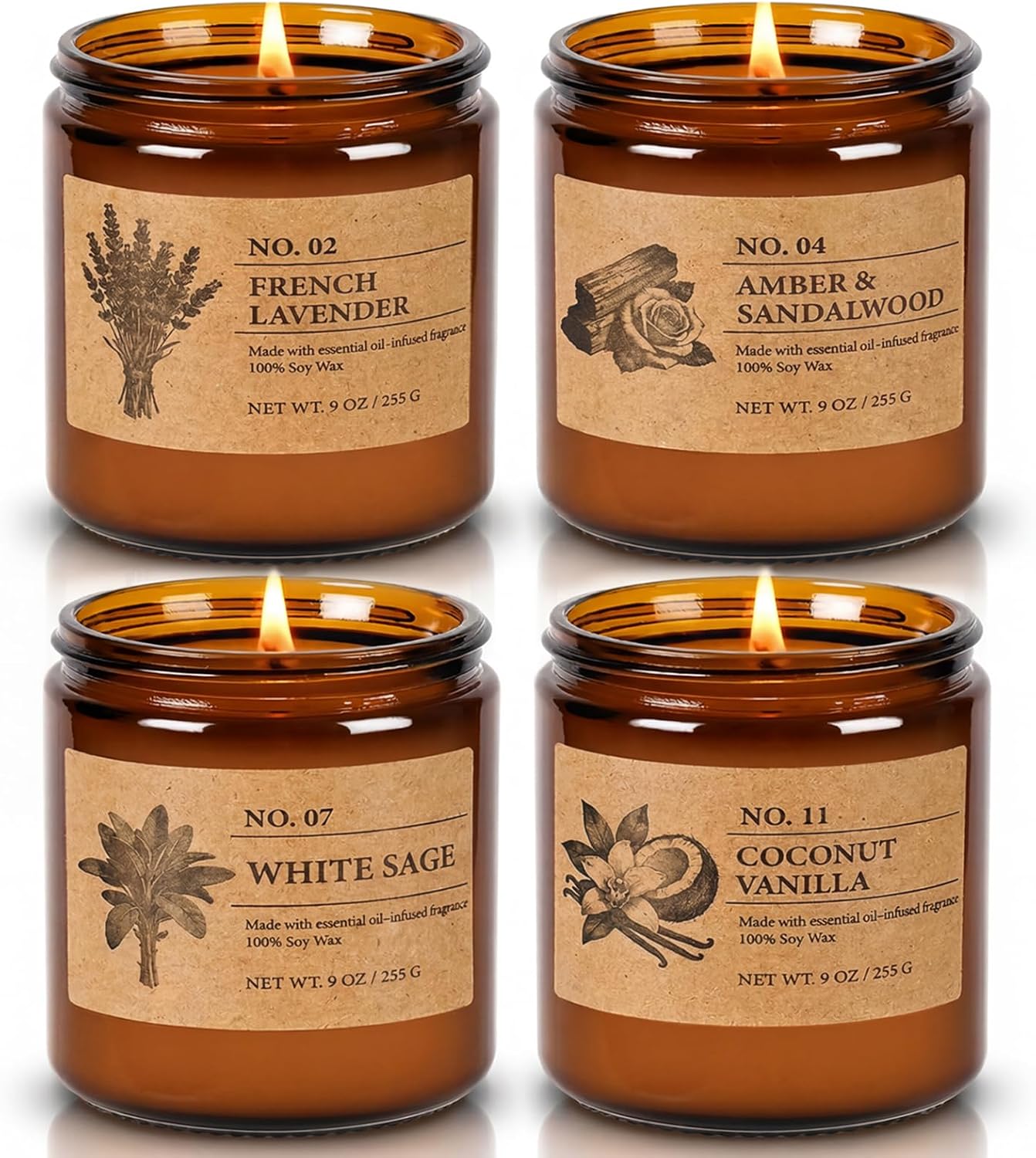 Soy Candles Set of 4, 9oz Natural Soy Wax Aromatherapy Candles, Home Scented Candles with 4 Scents (Lavender, Amber Sandalwood, White Sage, Coconut Vanilla), Gifts for Mom, Women, Relaxation, Yoga