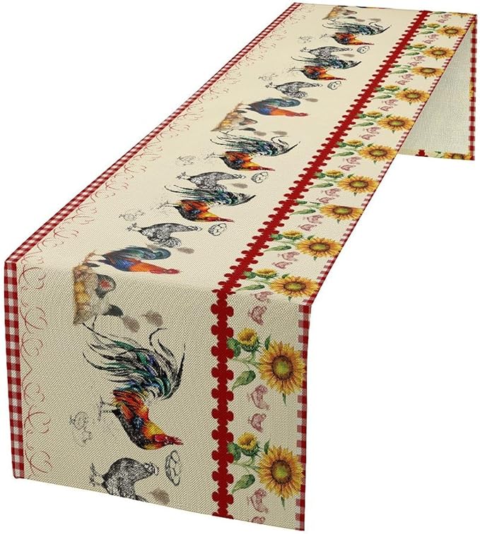 Rustic Rooster Table Runner,Vintage Country Farm Sunflower Chicken Red Plaid Print Tablecloth Burlap for Hotel Indoors Outdoor Dining Room Kitchen Home Decor,W13X L36 in