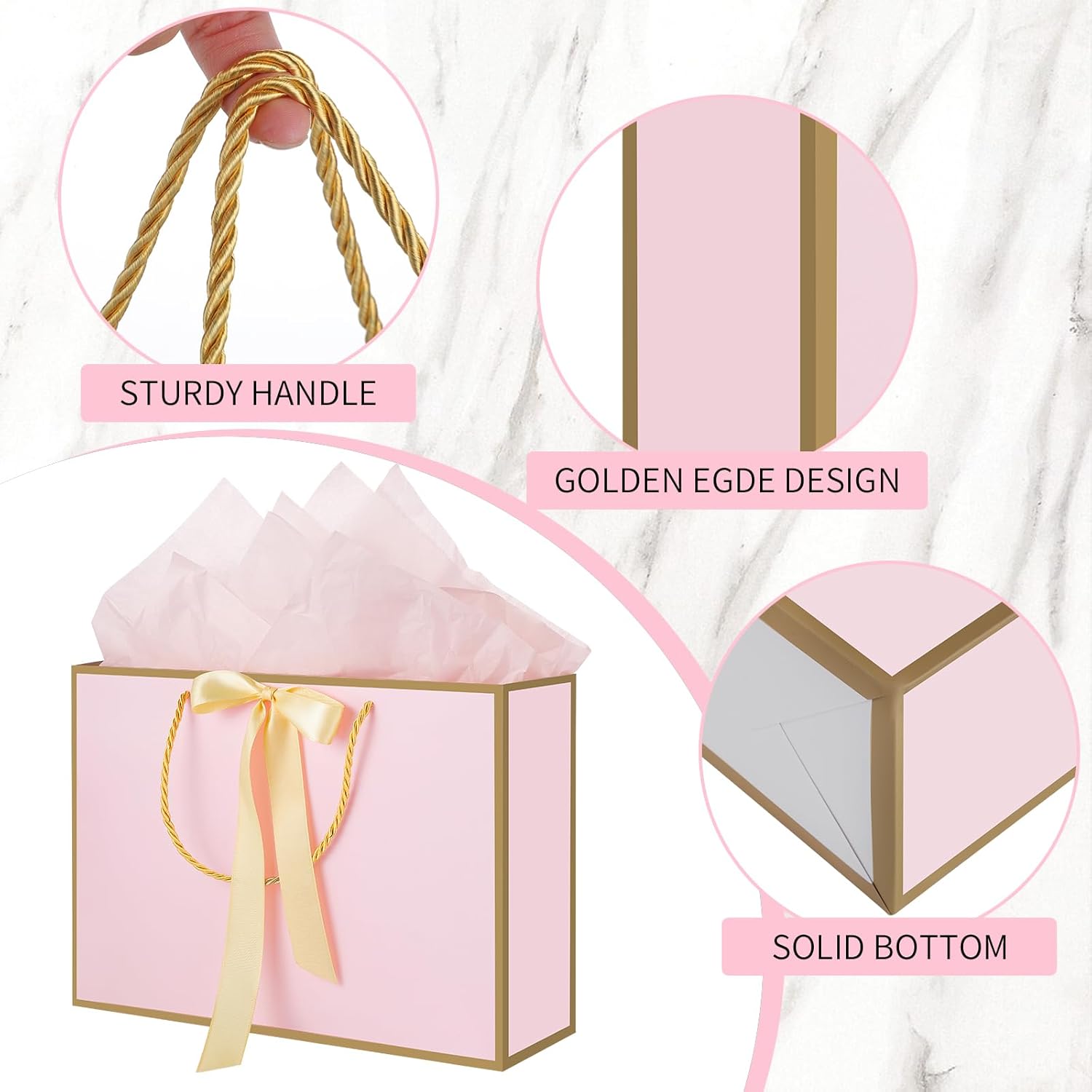 woric Pink Gift Bags with Handles, 14" Medium Gift Bags with Tissue Paper, 2 Pcs Pink Bags with 4 Tissue Paper and 2 Cards for Baby Shower Wedding Bridal Shower Birthday Party