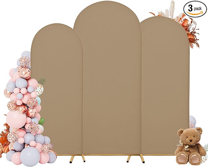 Wedding Arch Covers Arch Backdrop Cover Arch Stand Covers 7.2FT 6.6FT 6FT Set of 3 Arch Cover Spandex Fabric Stretchy Backdrop for Wedding Birthday Party Decoration Baby Shower (Khaki)