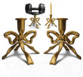Heavy Cast Iron Dancing Bow Taper Candle Holders, Ribbon-Inspired Sculptural Design, Fits 7/8" Candlesticks, Vintage Metal for Mantel, Tabletop & Seasonal Decor (2, Brass)