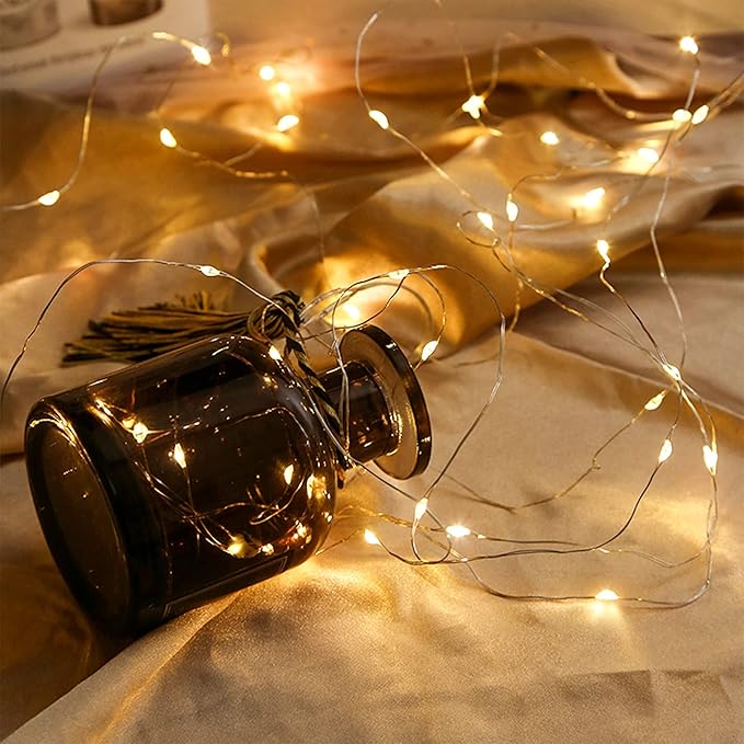 WATERGLIDE 24 Pack Fairy Lights Battery Operated (Included), 7 ft 20 LED Mini String Lights, Waterproof Silver Wire Firefly Starry Lights for DIY Wedding Christmas Party Mason Jars Decor, Warm White