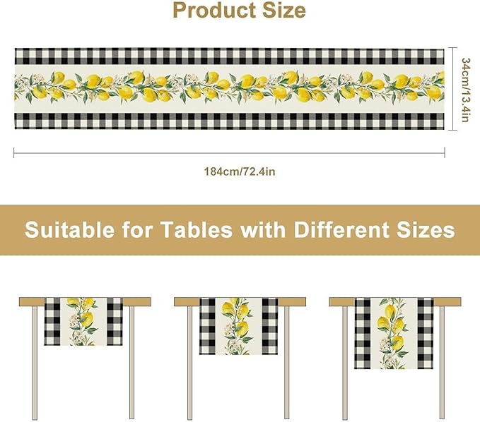 Lemon Table Runner,Black Buffalo Plaid Lemon Table Runner Farmhouse Style Spring Summer Home Kitchen Dinding Room Table Decoration 13x108 Inch