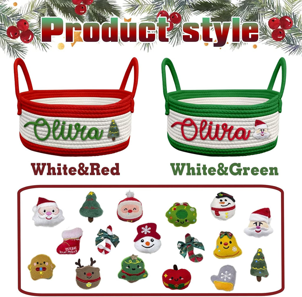 Personalized Christmas Woven Basket Custom Name Christmas Gift Basket Customized Toy Storage Basket Festive Storage Organizer for Holiday Decor Boy&Girl Christmas Gifts
