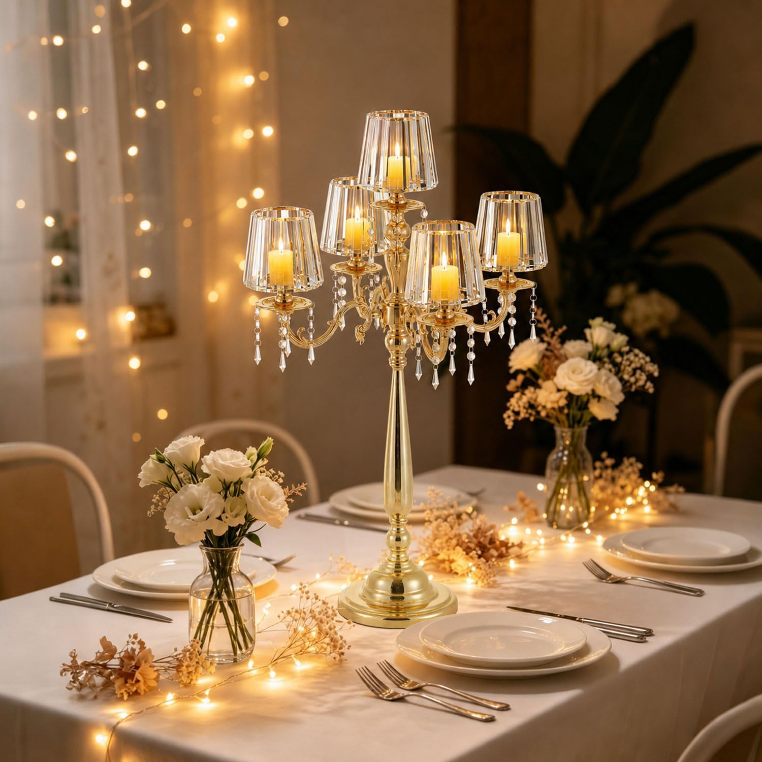 5 Arms Crystal Gold Candelabra Centerpiece | 33 Inch Tall Candle Holder with Glass Shade,Table Decor for Wedding Anniversary Dinner Party Home Gift