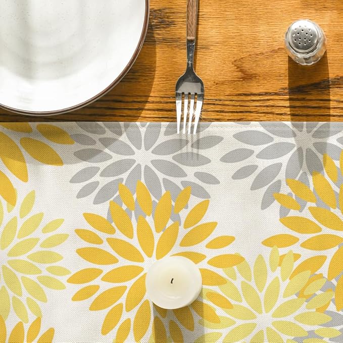 Artoid Mode Yellow Dahlia Floral Pinnata Summer Table Runner, Seasonal Spring Holiday Kitchen Dining Table Decoration for Home Party Decor 13x72 Inch