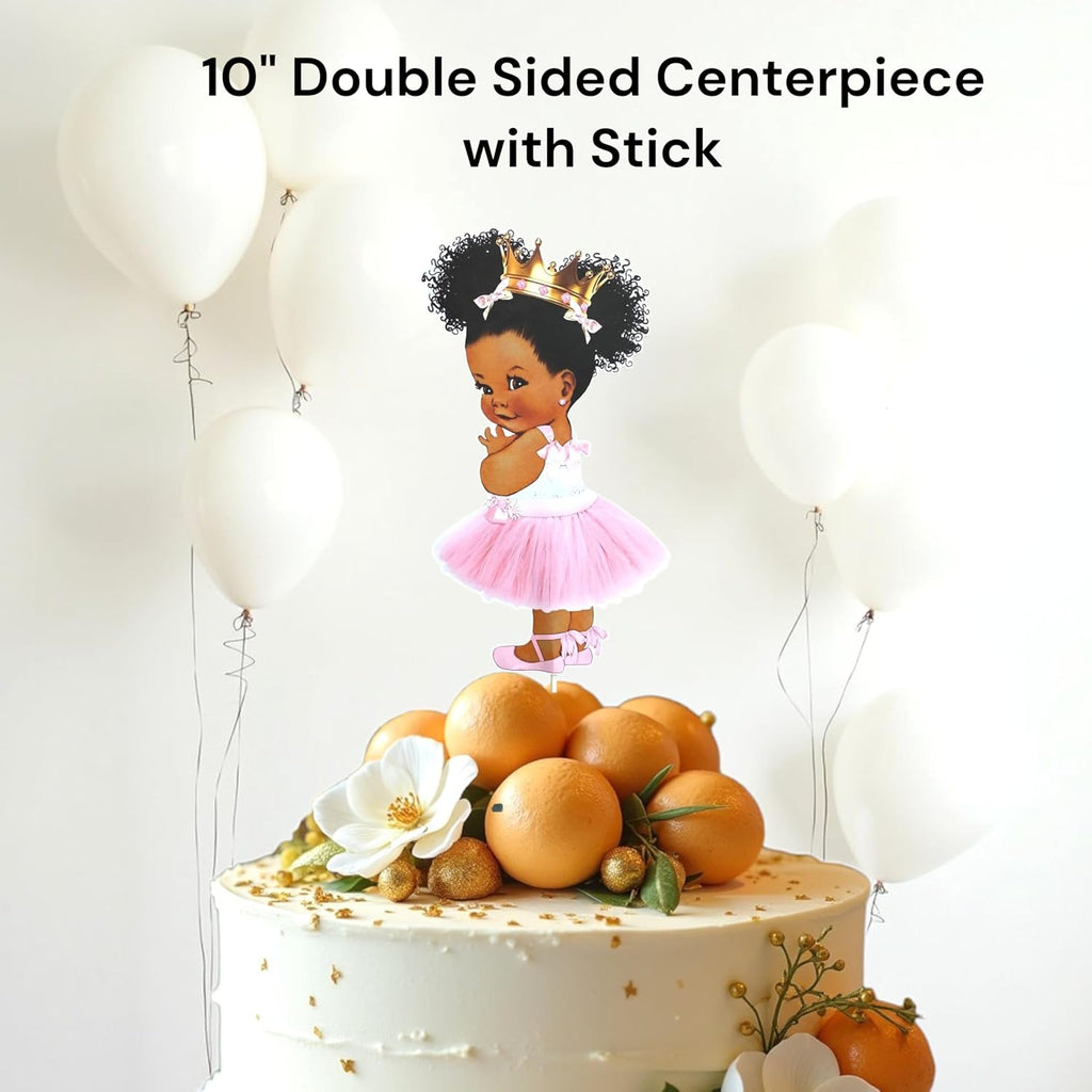 Little Princess Centerpieces Baby Shower Table Decoration 10 inches Pink Gold African American Black Royal Birthday Cake Topper (4)