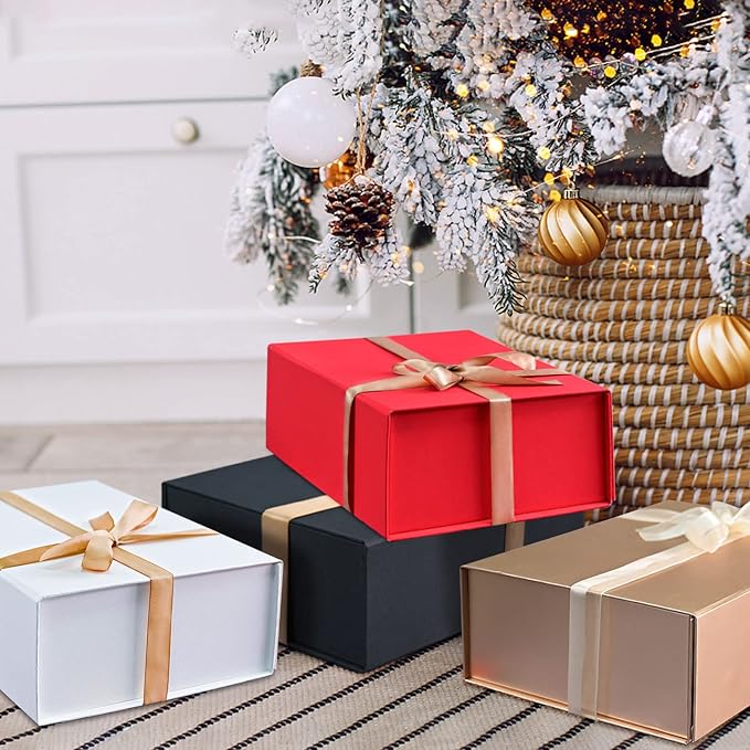 LIFELUM Christmas Gift Boxes with Lids for Presents 5 Pack White Gift Boxes 13.85 x 8.35 x 4.45 inch Large Gift Box Contains Card,Sticker,Ribbon, Shredded Paper Filler for Anniversary, Weeding Gifts