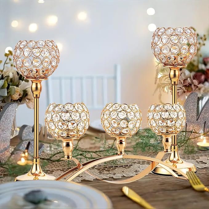 VINCIGANT Set of 3 Gold Candle Holders Wedding Table Centerpieces,Tealight Candlestick Candelabra Stand with 3 Arms for Fireplace Home Living Room Decor,Valentine's Day Housewarming