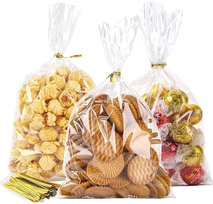 LOKIQNG Cellophane Bags Plastic Treat Bag Clear Cookie Candy Bags with Twist Ties for Party Favor Bag(200 Pack, 6x10inch)
