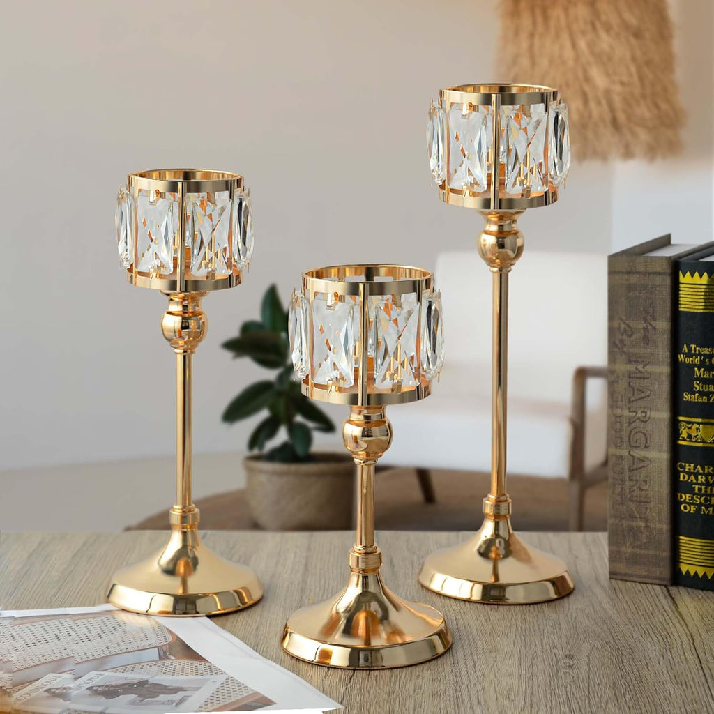 Set of 12 Gold Cup Crystal Tealight Candle Holders, Centerpieces for Table Wedding Centerpieces Crystal Decorative Tealight Candle Dining Table Candle Holder Decor for Party (3 Sizes)