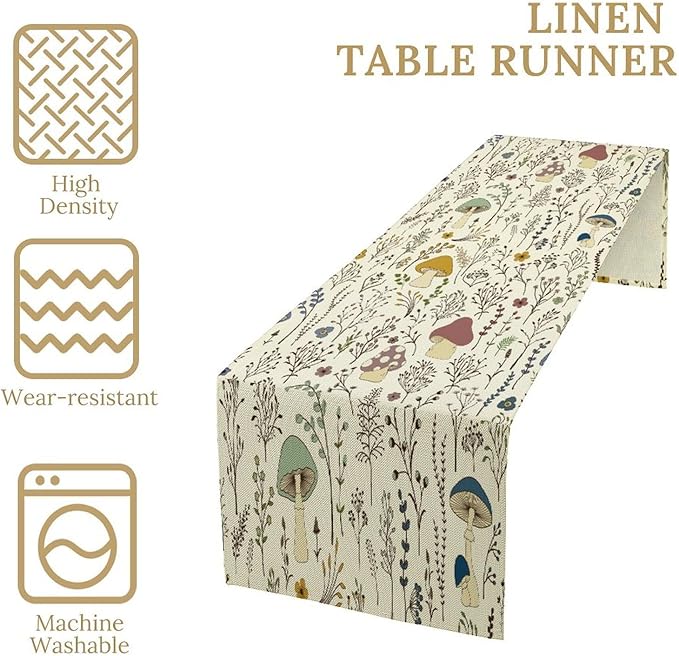 Mushroom Table Runner,Colorful Wild Plants and Fungus Botanical Plants Pattern Print Burlap for Hotel Indoors Outdoor Dining Room Kitchen Holiday Party, 13x108in