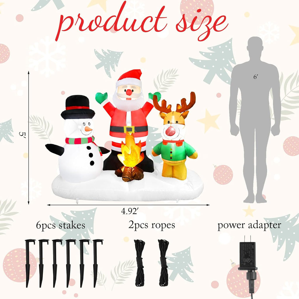 5ft christmas inflatable santa claus snowman reindeer campfire, close-up detail