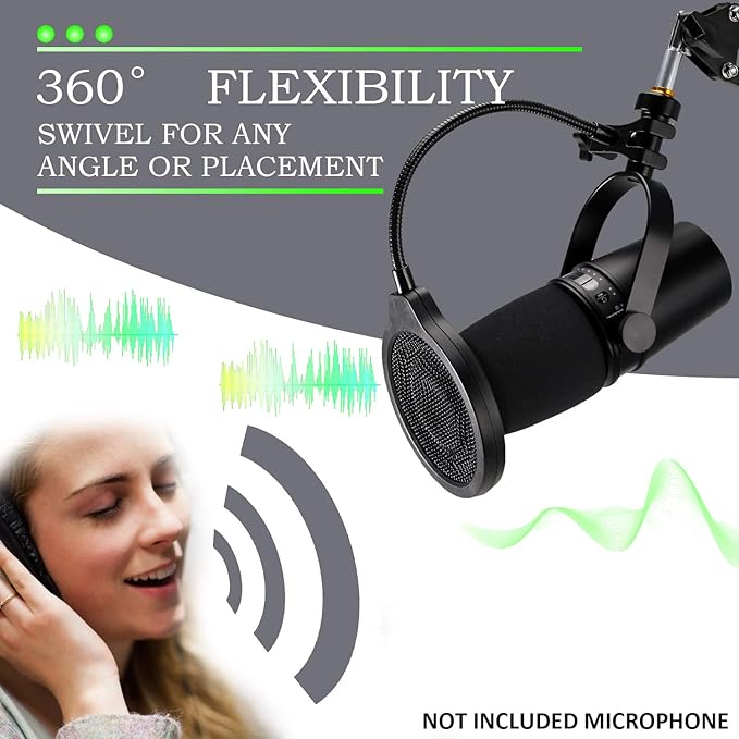 YOUSHARES Pop Filter - 4 Inch 3 Layers Metal Windscreen with Flexible 360° Gooseneck Clip Mic Mask Shield Compatible with Shure MV7 Mic