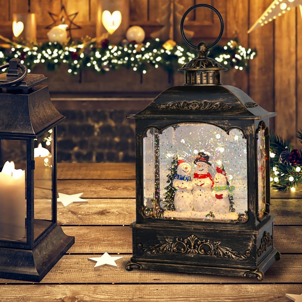 Wondise Christmas Musical Snow Globes with Timer, USB Plug-in & Battery Operated Spinning Water Glitters Lighted Singing Snow Globe Lantern for Christmas Thanksgiving Holiday Decorations(Snowman)