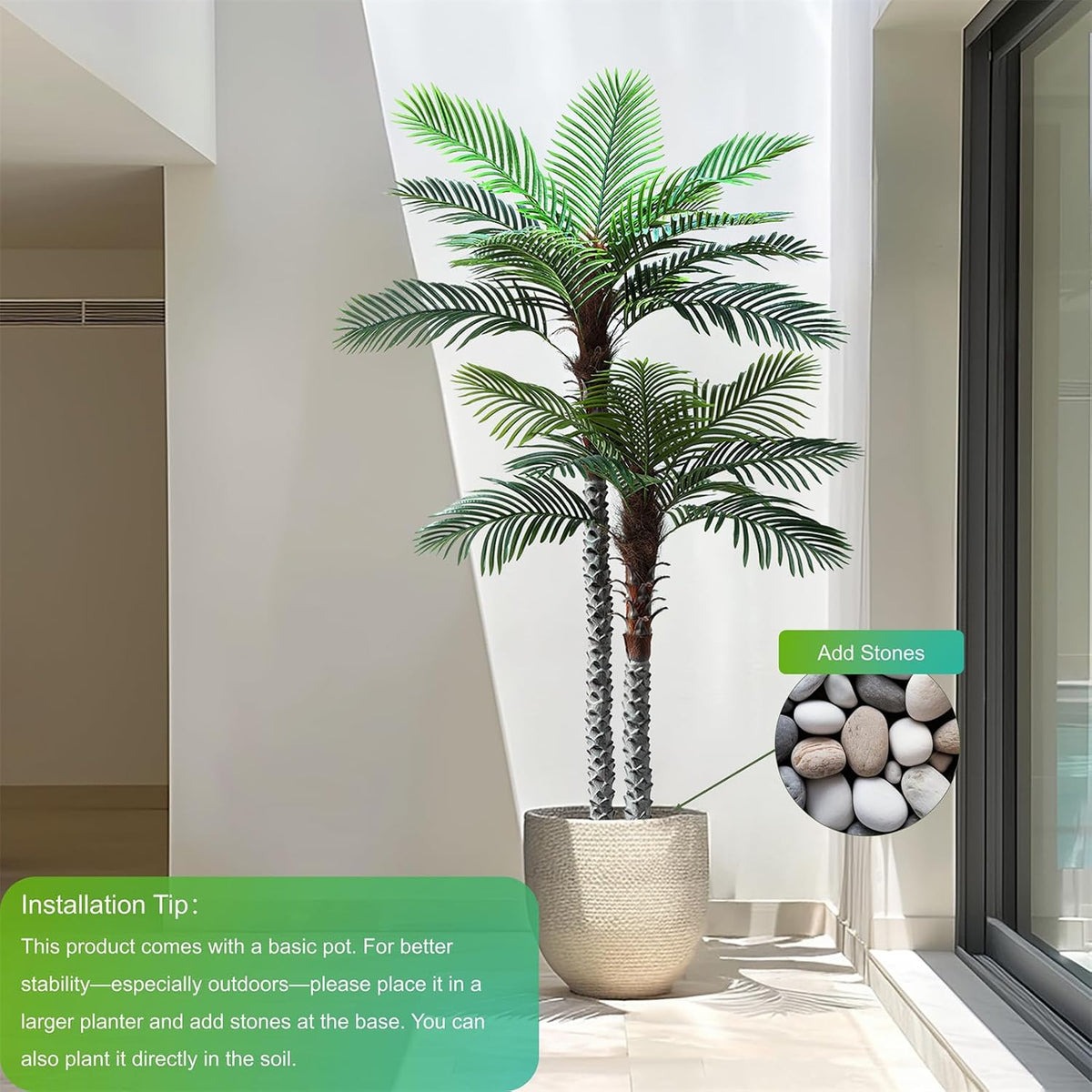 nafresh 8ft tall uv resistant faux palm tree showing dimensions
