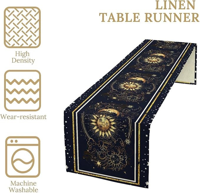 Sun Moon Table Runner, Seasonal Golden Sun Moon Holiday Kitchen Dining Table Runner for Kitchen Living Room Home Party Decor 13x70 Inch