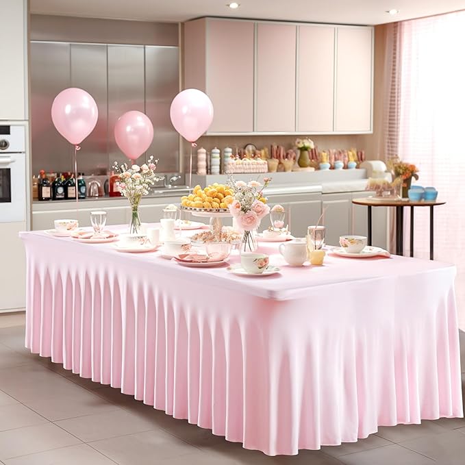 Wish Care 6 Pack Pink Spandex Table Clothes for 8 Foot Rectangle Tables, 8FT Wrinkle Free Fitted Tablecloths Ruffles Design Table Cover for Party, Banquet, Wedding and Events