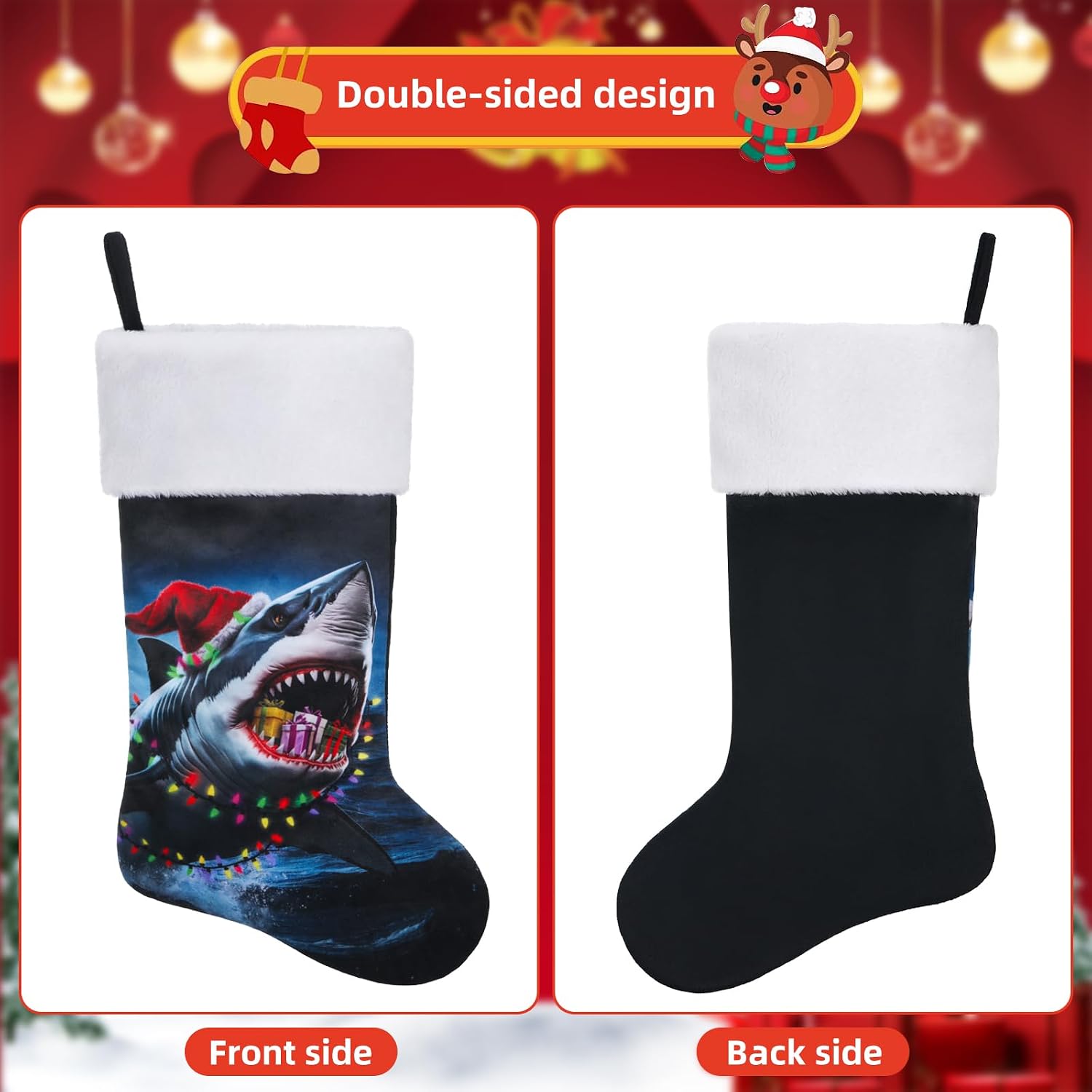 Personalized Shark Christmas Stocking 20 Inch Large, Fireplace Hanging Stockings for Holiday Decor, Ocean Theme Xmas Party Decorations, Home Festive Decor