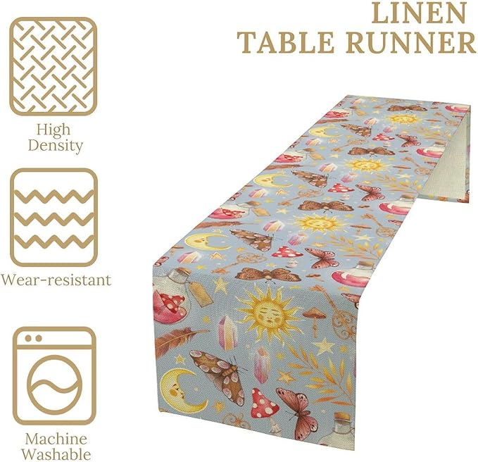 Boho Sun Moon Table Runner Mystical Rustic Butterfly Mushroom Star Table Runner for Kitchen Living Room Dinner Holiday 13x36 Inch