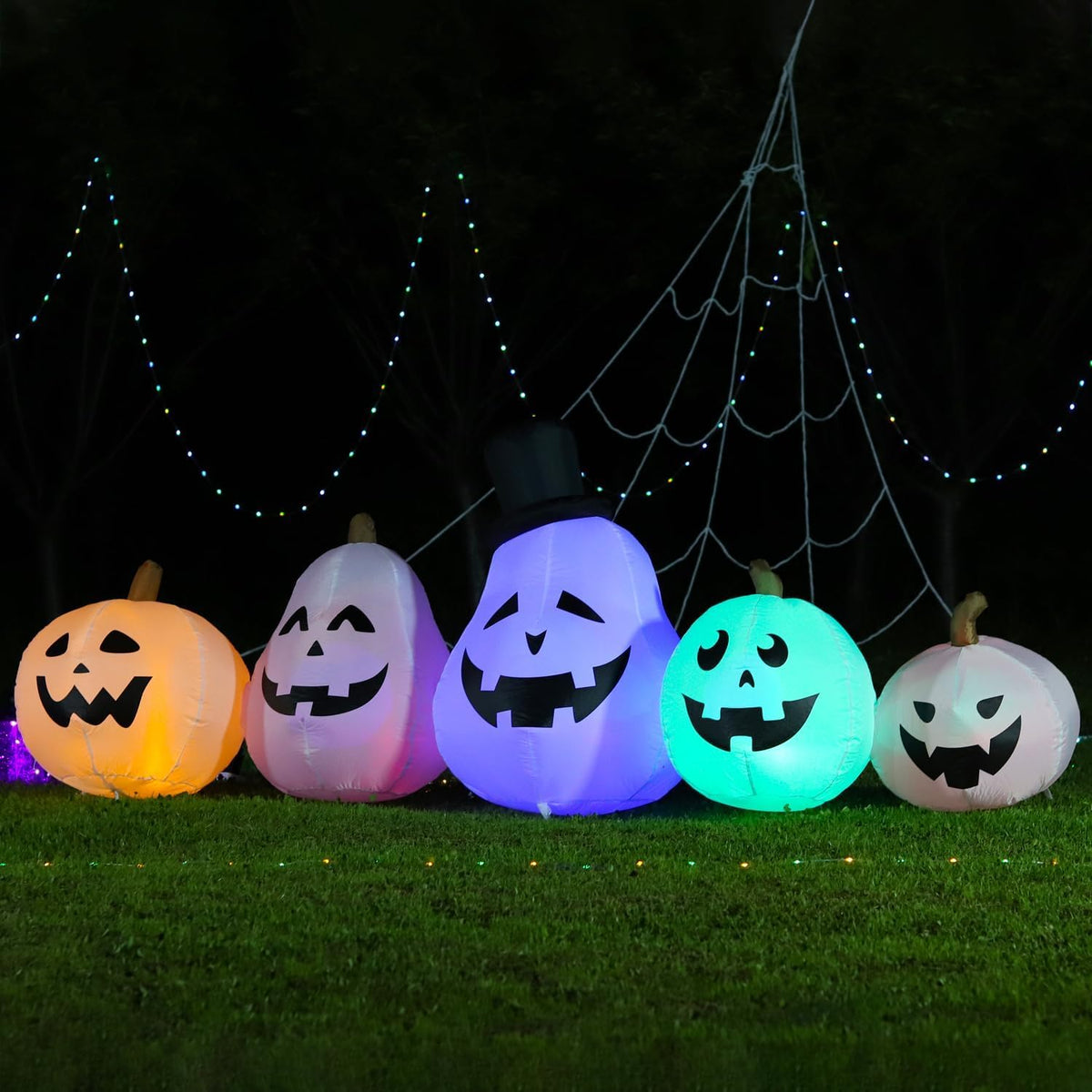 DomKom 8 FT Long Halloween Inflatable White Pumpkin Built in Colorful LED Lig...